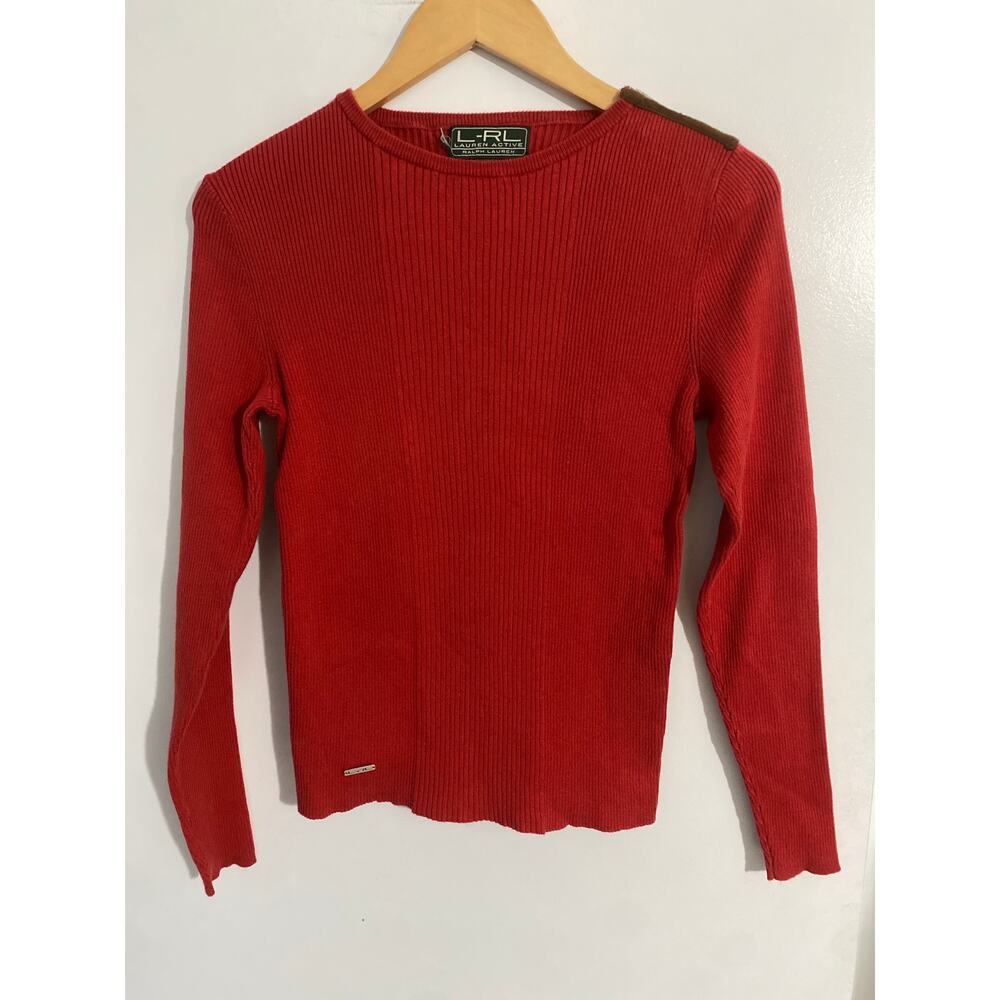 Lauren Ralph Lauren ribbed sweater women size S red cotton blend fitted stretch
